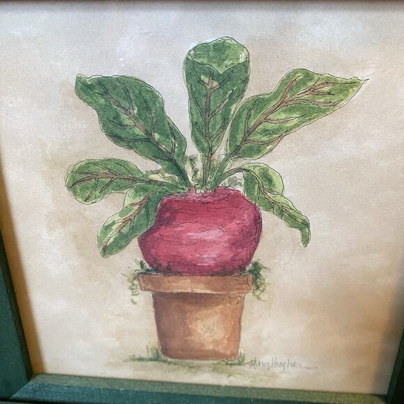 Set Of 2 Vintage Watercolor Art Fruit Prints Wall decor Singed Frame Beet Apple - Picture 4 of 7